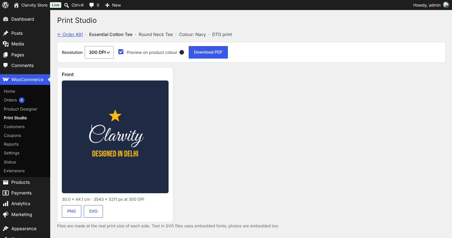 Print Studio on an order: print files at the real size as PNG, SVG or a PDF at up to 300 DPI, previewed on the product colour.