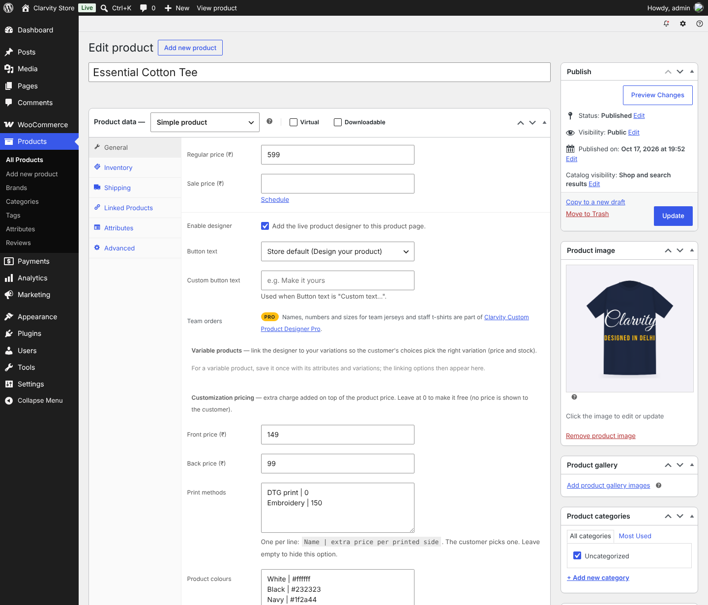 Product settings in WooCommerce: enable the designer, choose the button text, and set pricing, print methods, colours and product types.