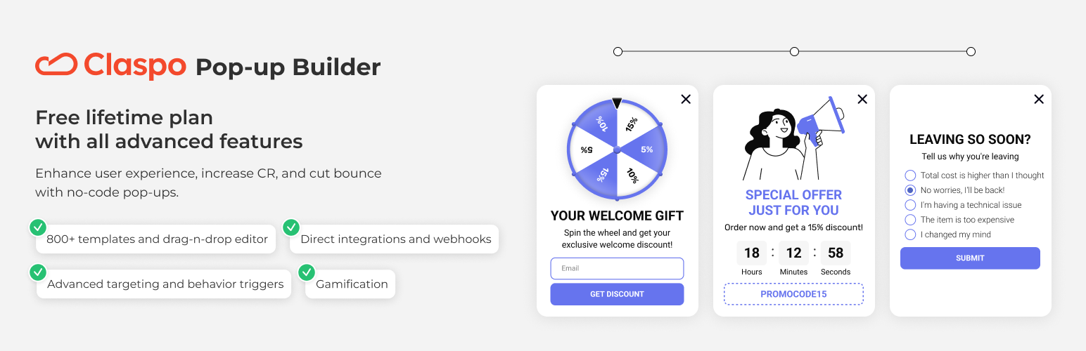 WordPress 外掛 Popup Builder: Exit-Intent pop-up, Spin the Wheel, Newsletter signup, Email Capture & Lead Generation forms maker 的封面圖片。