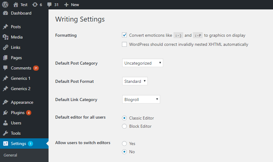 Admin settings on the Settings -> Writing screen.