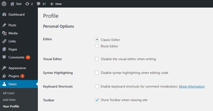 User settings on the Profile screen. Visible when the users are allowed to switch editors.