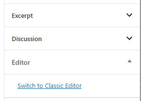 Link to switch to the classic editor while editing a post in the block editor. Visible when the users are allowed to switch editors.