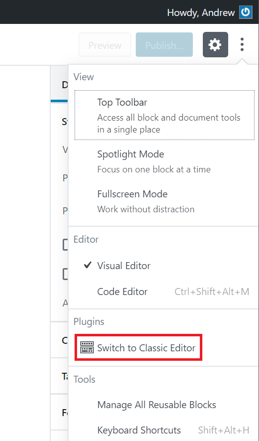 O link para “Mudar para o editor clássico”. 