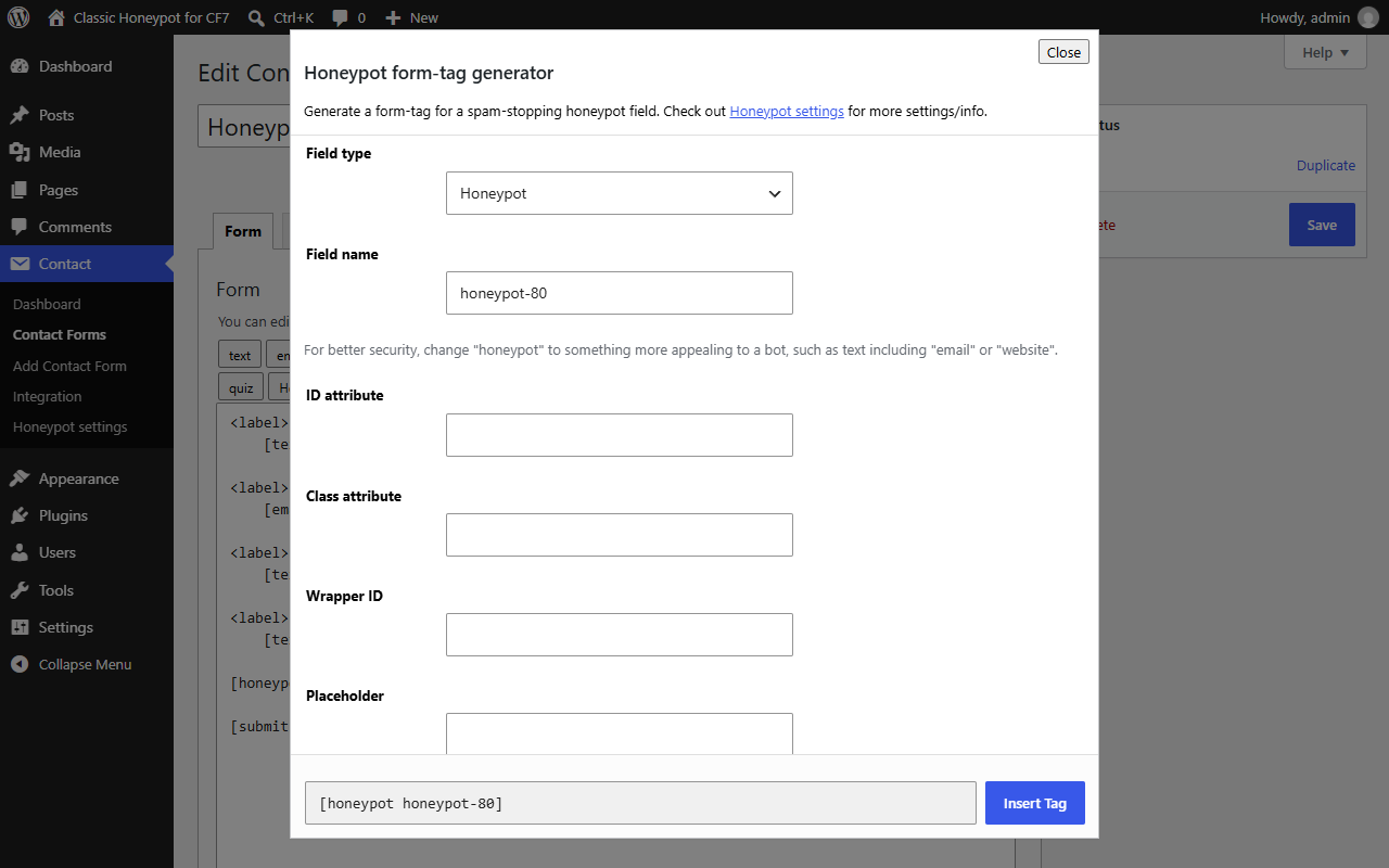 Honeypot form tag settings in the CF7 editor