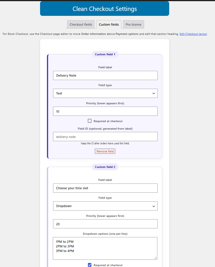Add and arrange multiple custom checkout fields with Clean Checkout Pro.