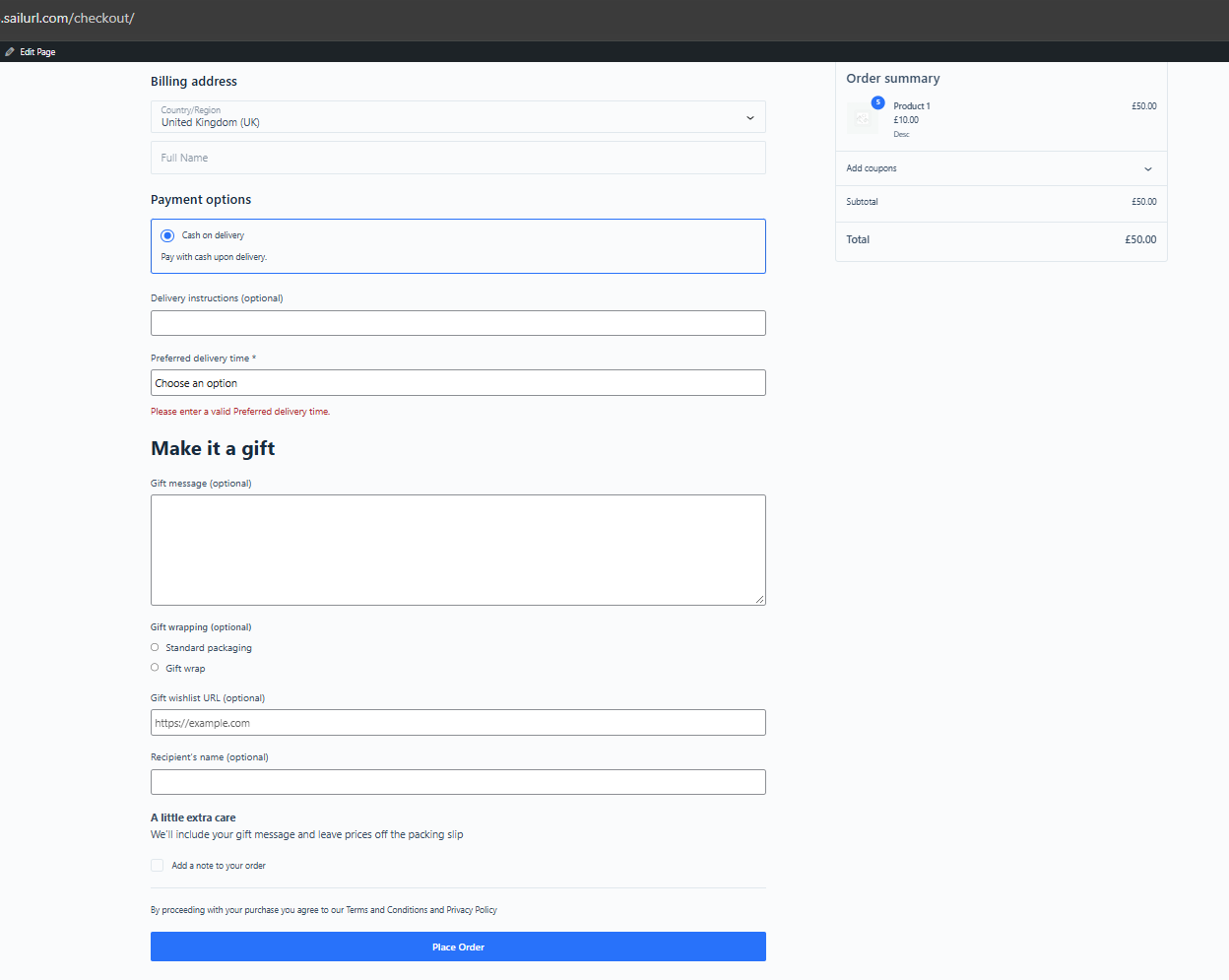 Display delivery and gift options in Block Checkout with dropdowns, headings, textareas, radio buttons, URLs, text fields, and paragraph content.