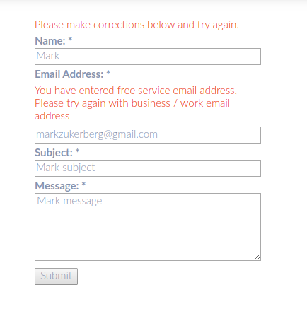 Example - BWS Form denying free service email address.