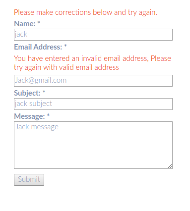 Example - BWS Form denying invalid email address.