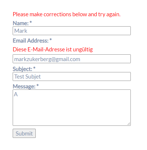 Example - BWS Form denying invalid email addresses with a custom error message.