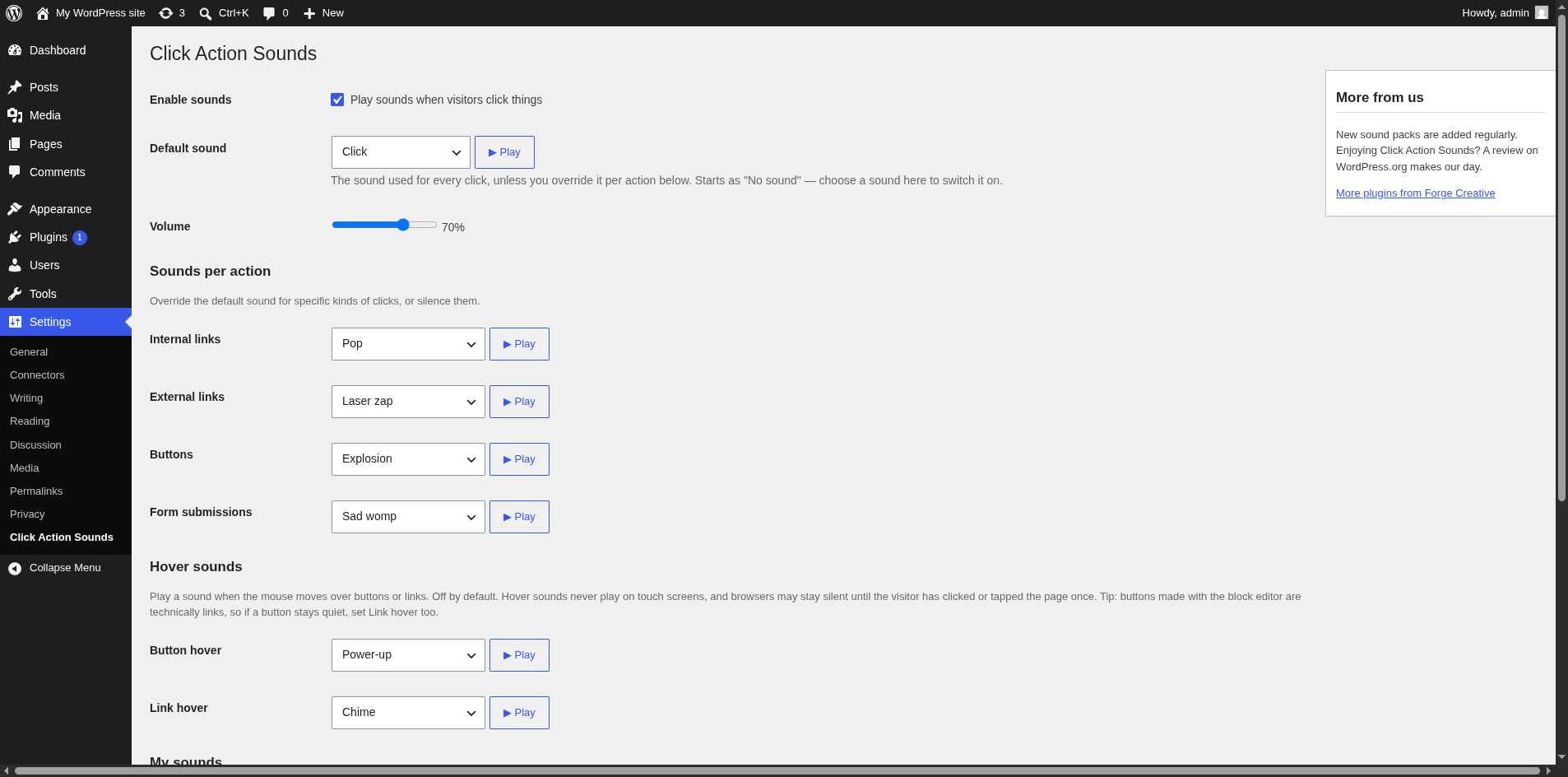 The settings page: default sound, volume, and a different sound for each kind of click.