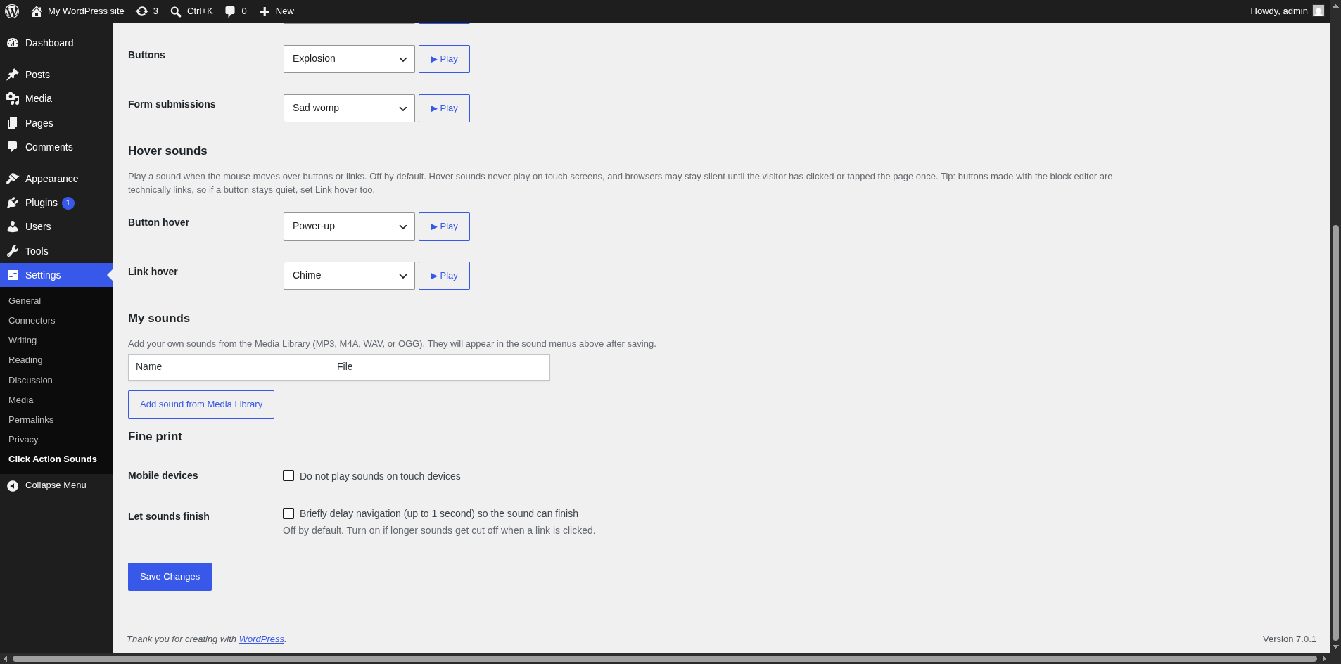 Optional hover sounds, plus your own sounds added from the Media Library.