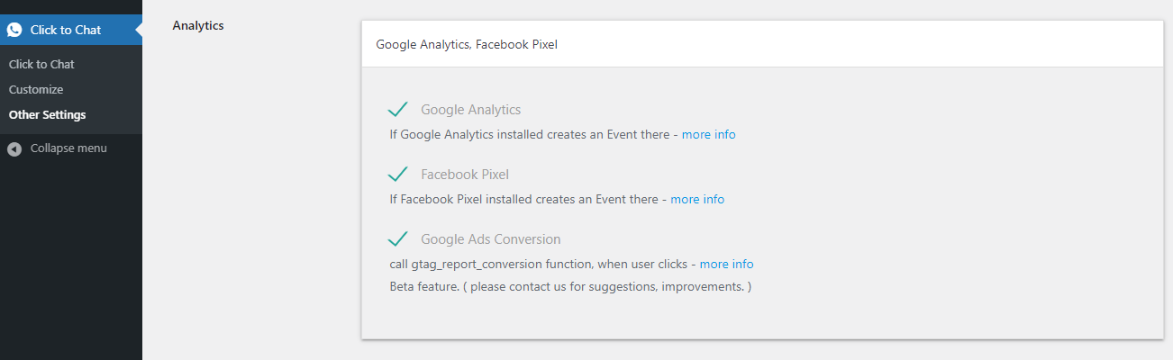 Analytics - Google Analytics, Facebook Pixel, Google Ads Conversations