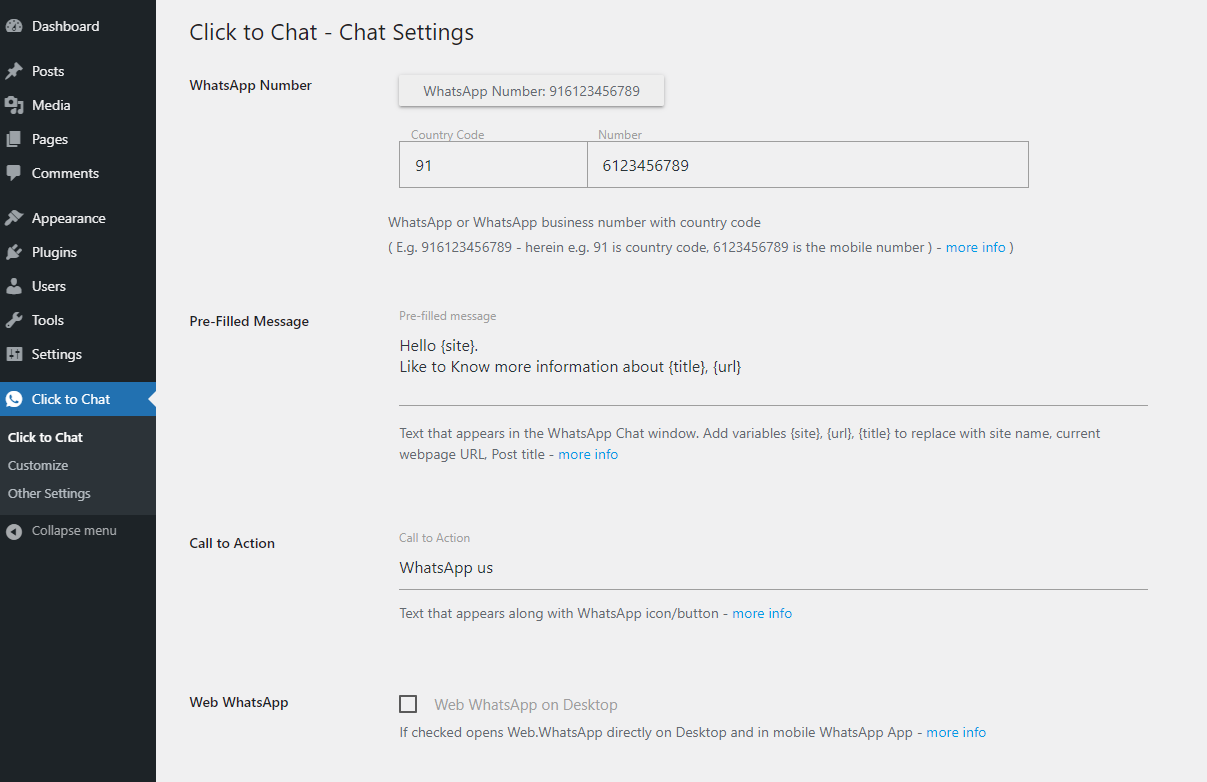 Chat Settings - Enter WhatsApp Number, prefilled message, call to action, desktop: web view / desktop app view