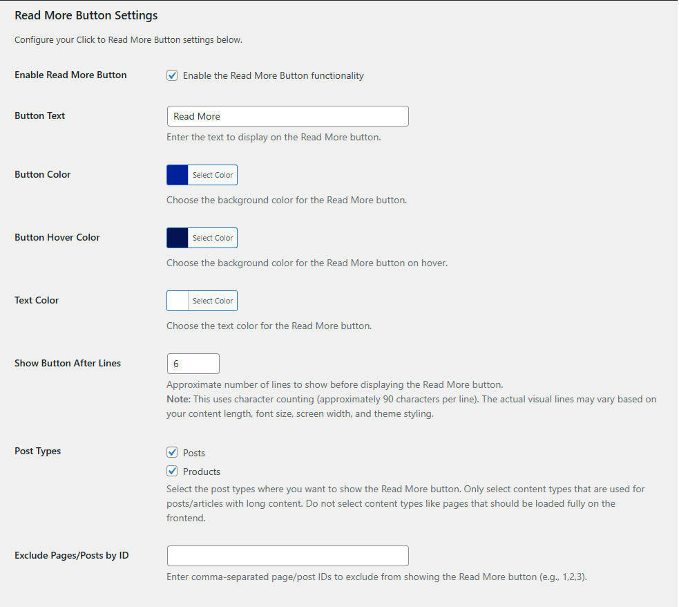 Click to Read More Button Plugin settings page with all customization options