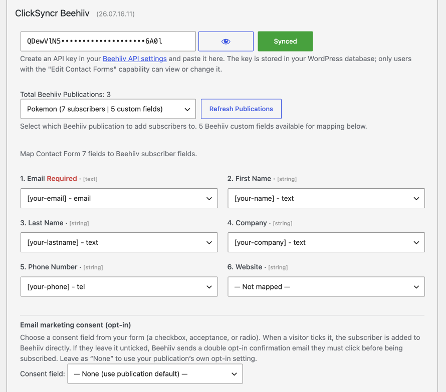 The ClickSyncr Beehiiv panel in the Contact Form 7 editor: connect your Beehiiv API key, choose a publication, and map form fields to Beehiiv fields.
