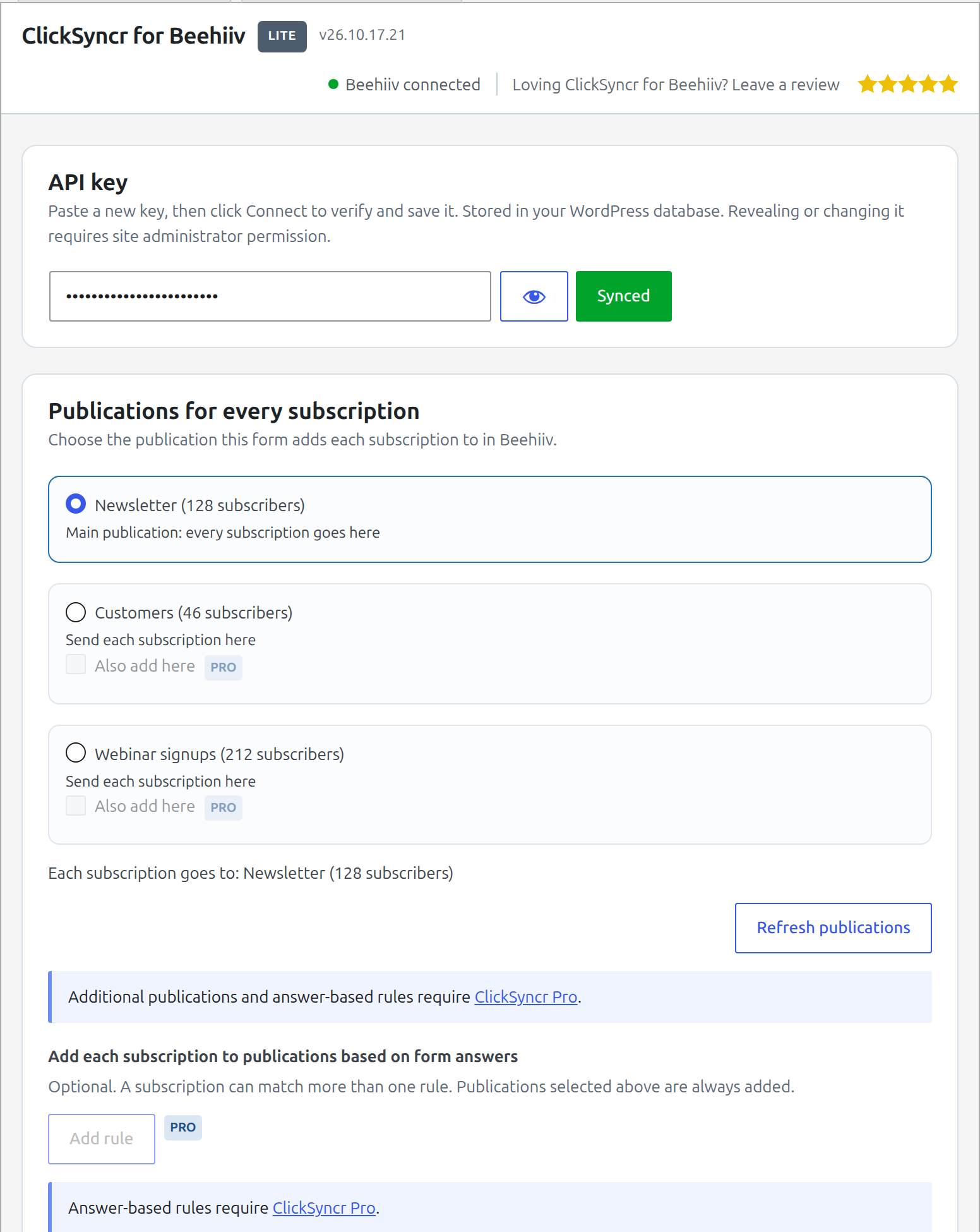 The ClickSyncr for Beehiiv – Contact Form 7, WPForms, Gravity Forms, Ninja Forms, Fluent Forms, Formidable & Forminator panel in the Contact Form 7 editor: connect your Beehiiv API key, choose a publication, map form fields to Beehiiv fields, and set an opt-in consent field.