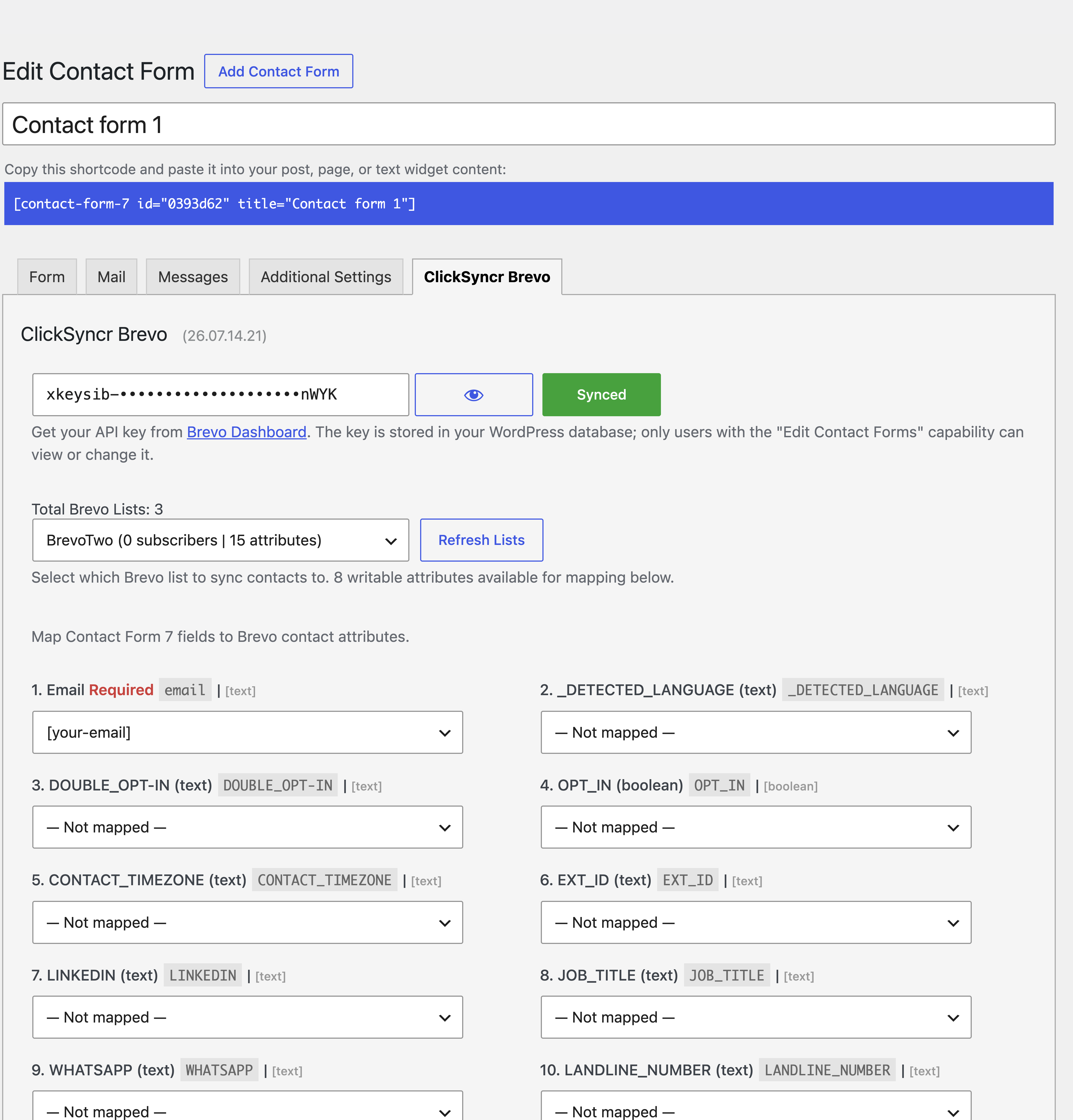 The ClickSyncr Brevo panel in the Contact Form 7 editor: connect your Brevo API key, choose a list, and map form fields to Brevo contact attributes.