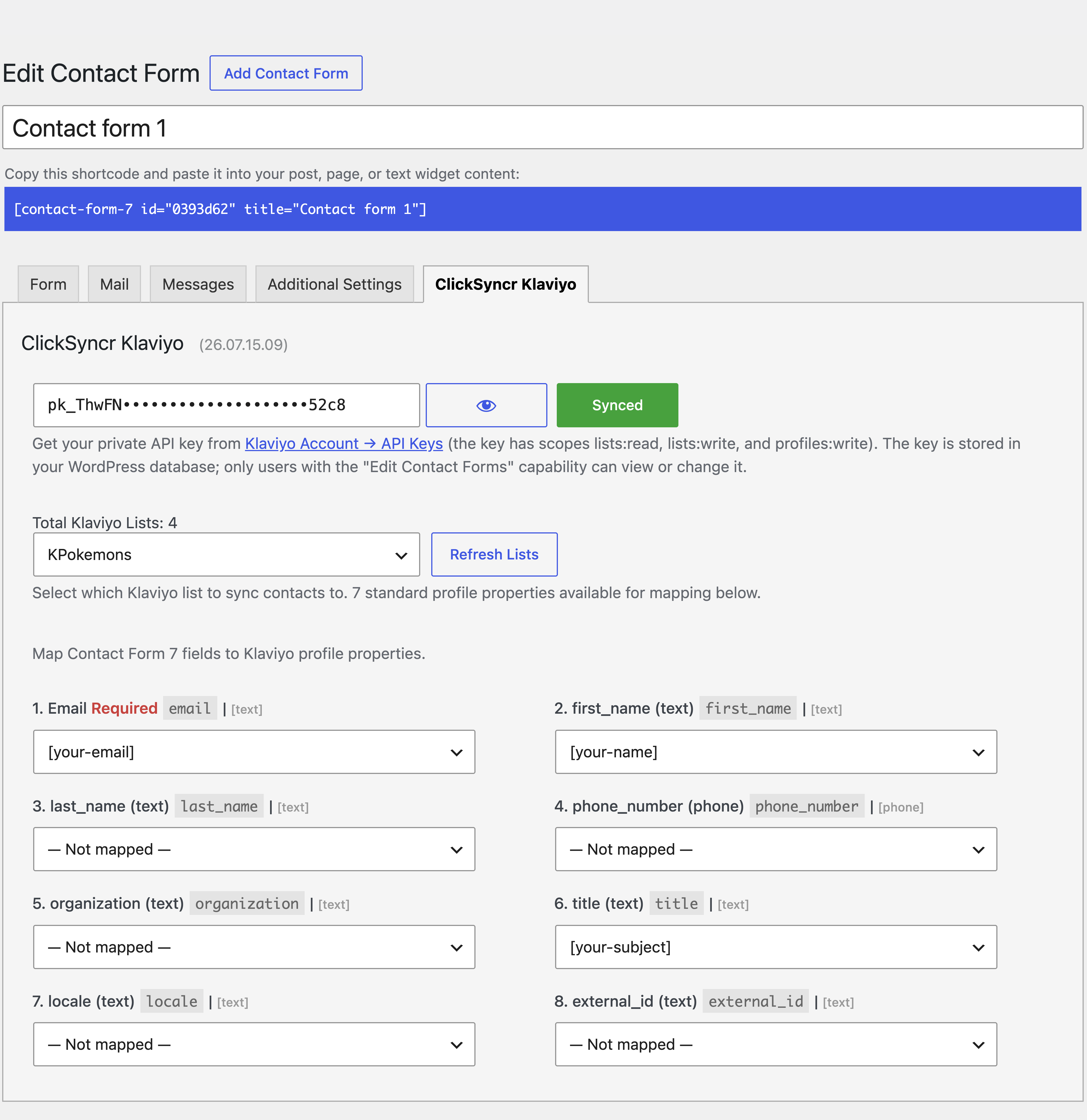 The ClickSyncr Klaviyo panel in the Contact Form 7 editor: connect your Klaviyo API key, choose a list, and map form fields to Klaviyo profile fields.