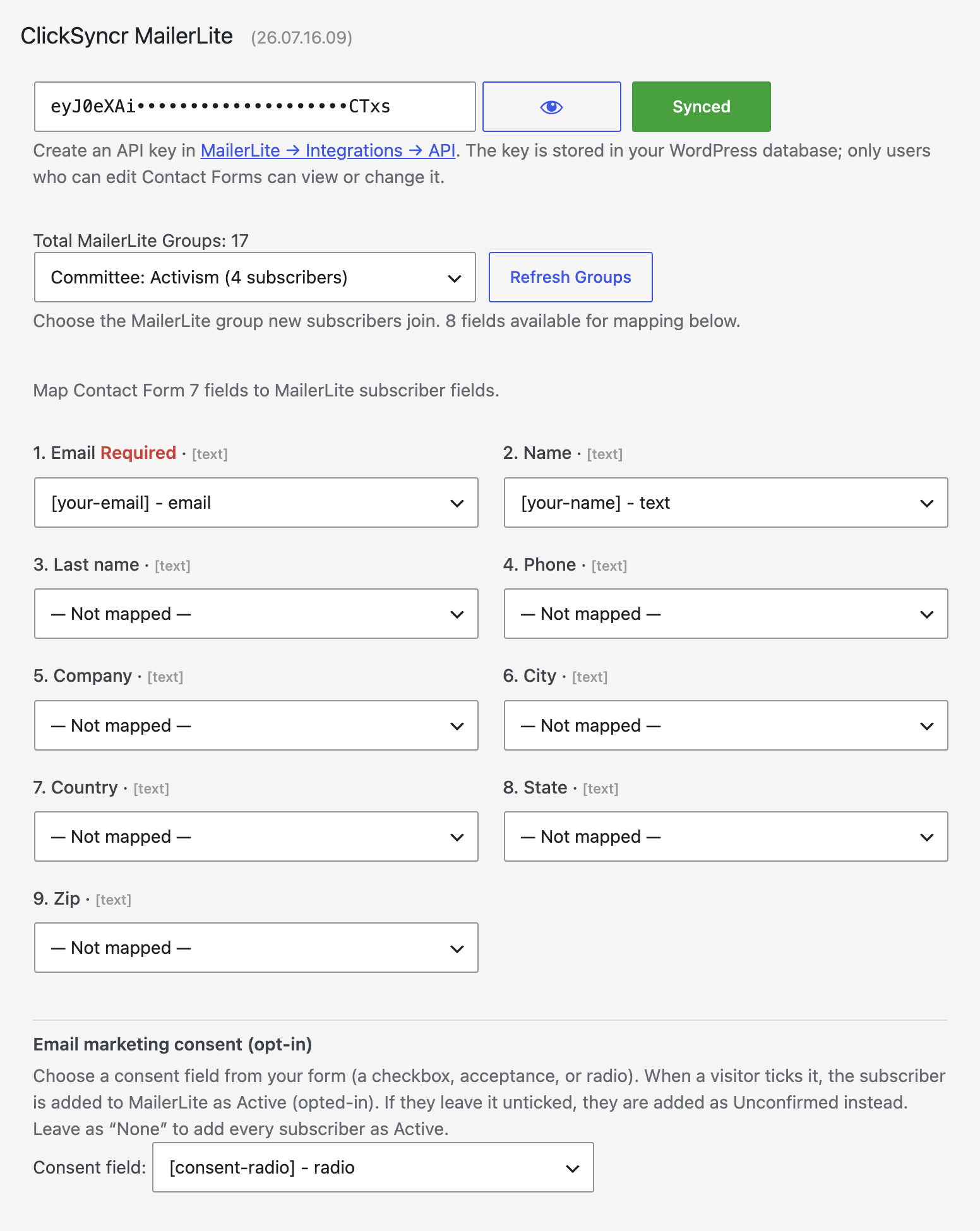 The ClickSyncr MailerLite panel in the Contact Form 7 editor: connect your MailerLite API key, choose a group, map form fields to MailerLite subscriber fields, and set an opt-in consent field.