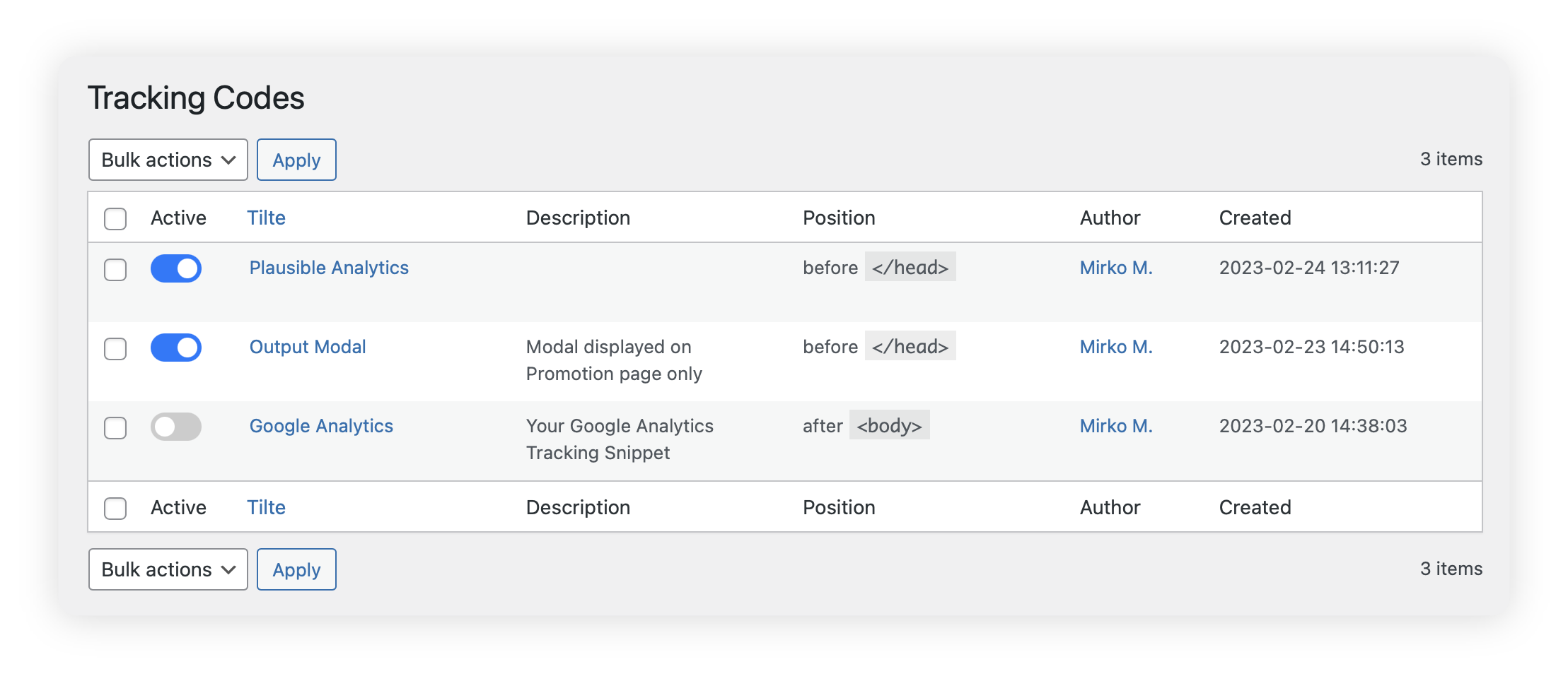 Tracking Codes Overview Page