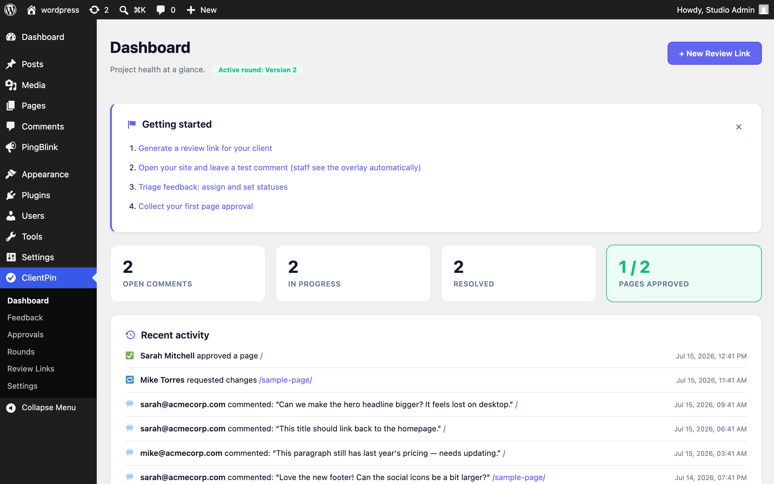 Dashboard — project health tiles, active round, and client activity feed