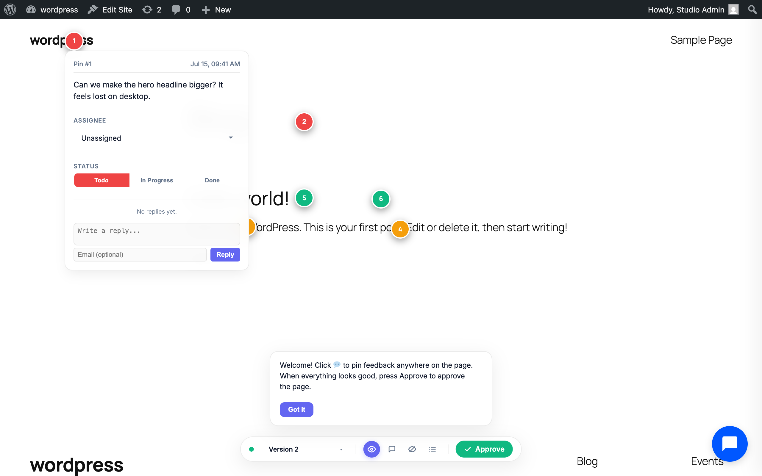 Client overlay — numbered feedback pins with comment thread, status, and replies, right on the live site