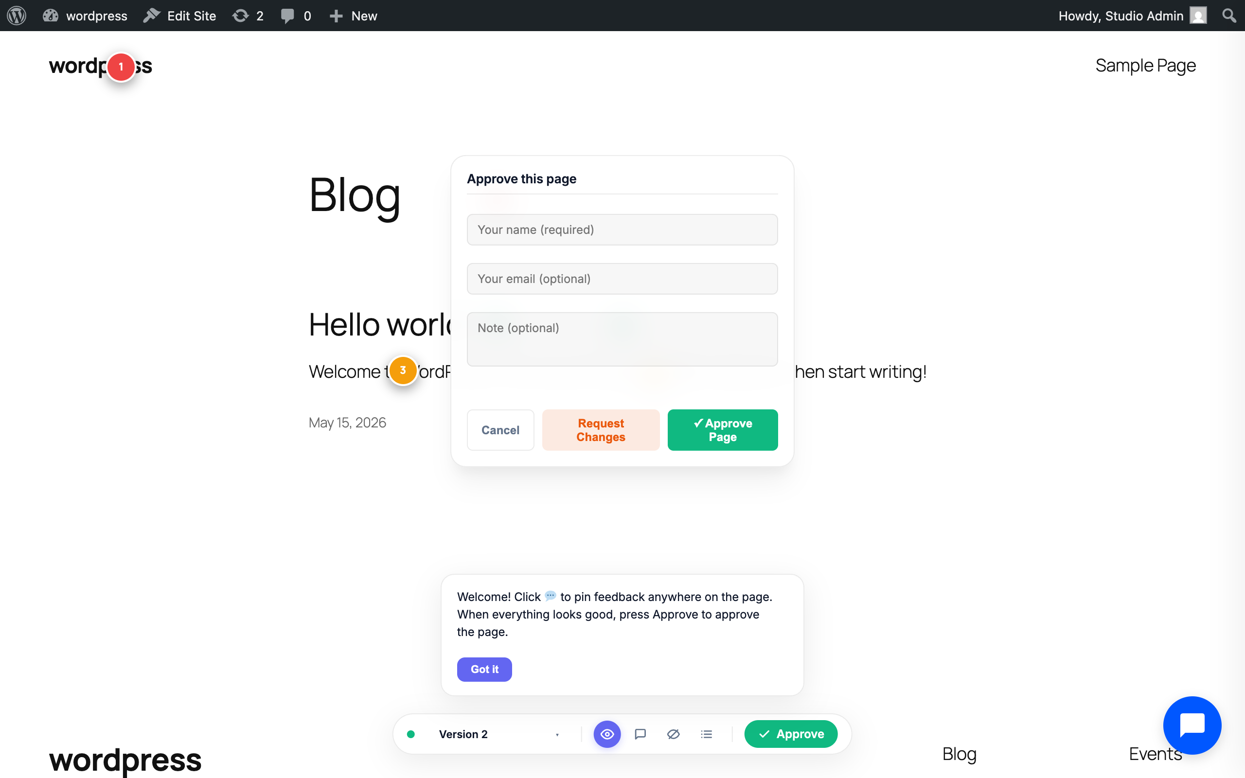 Page approval — clients approve or request changes with name, note, and recorded timestamp