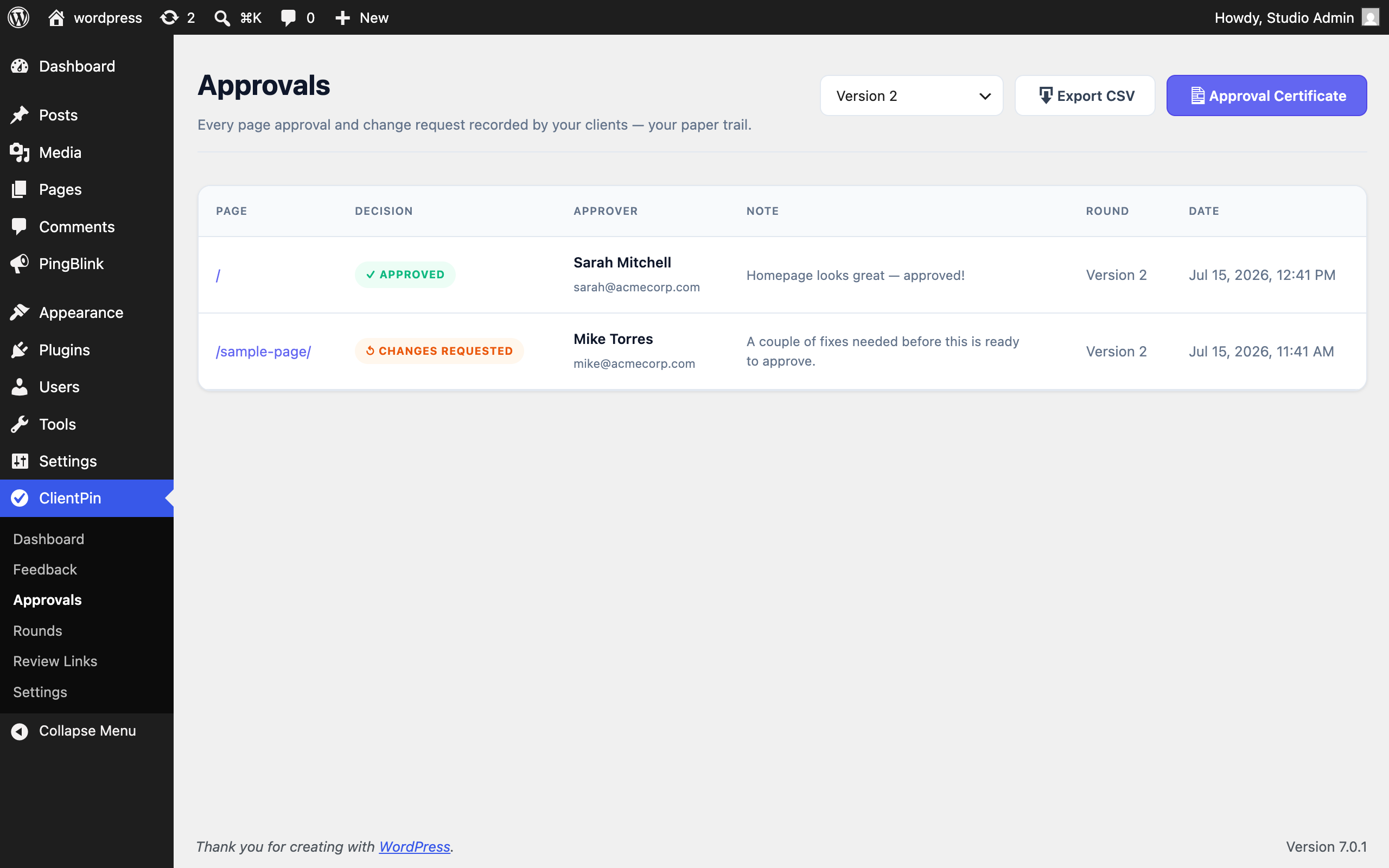 Approvals log — every approval decision with approver identity, plus printable Approval Certificate