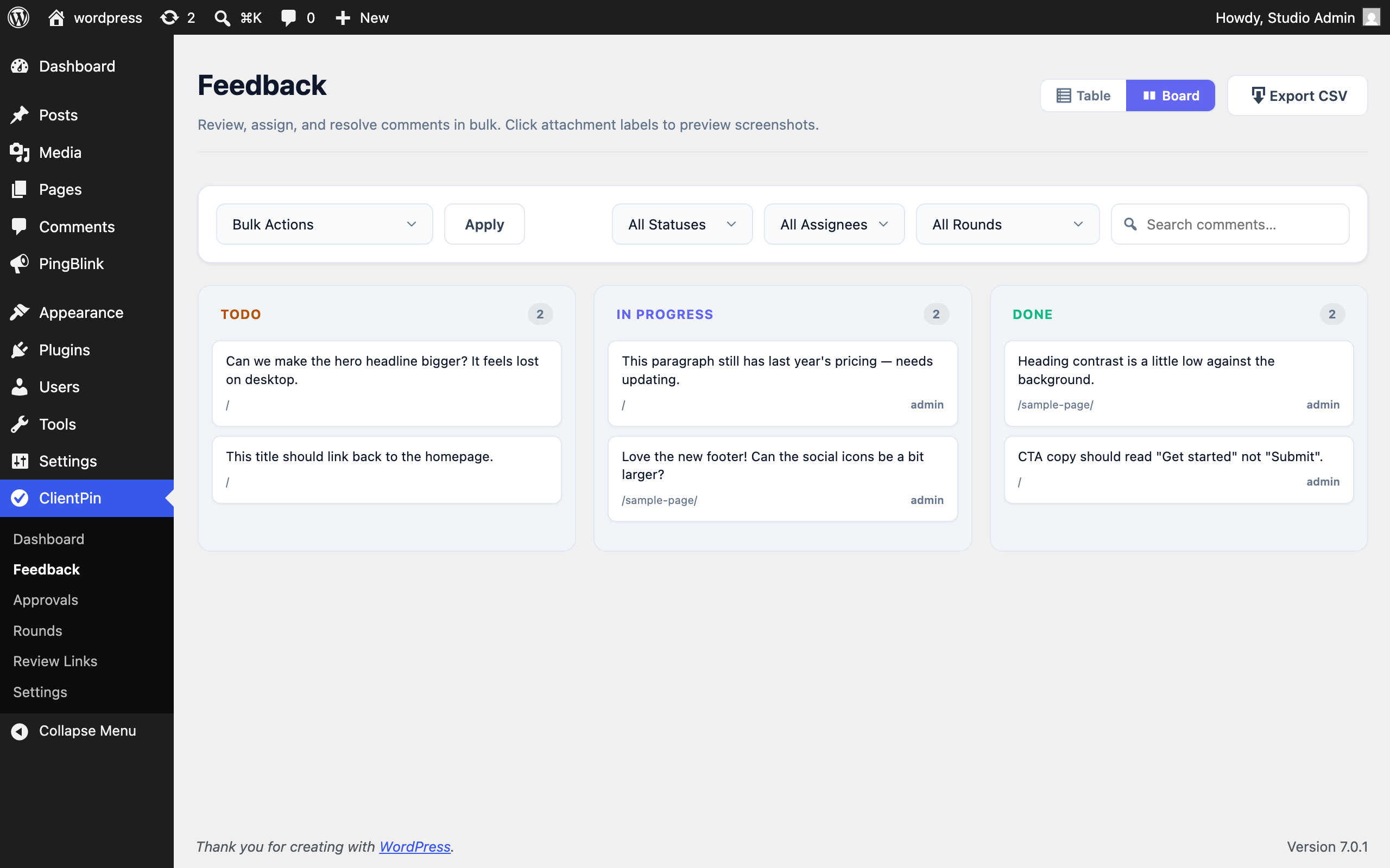 Feedback board — drag-and-drop Kanban view with filters and CSV export