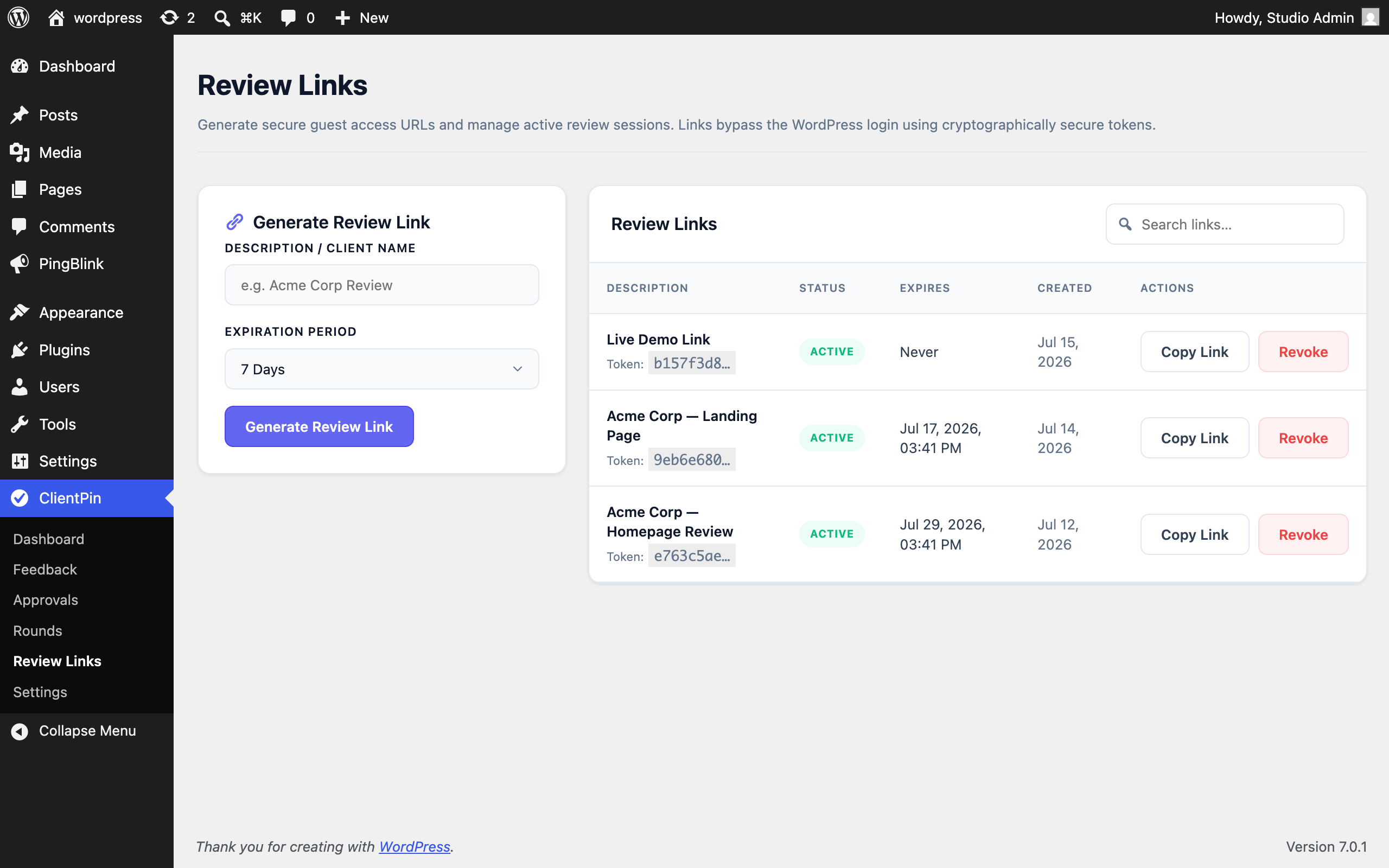 Review Links — generate secure client links and manage active sessions