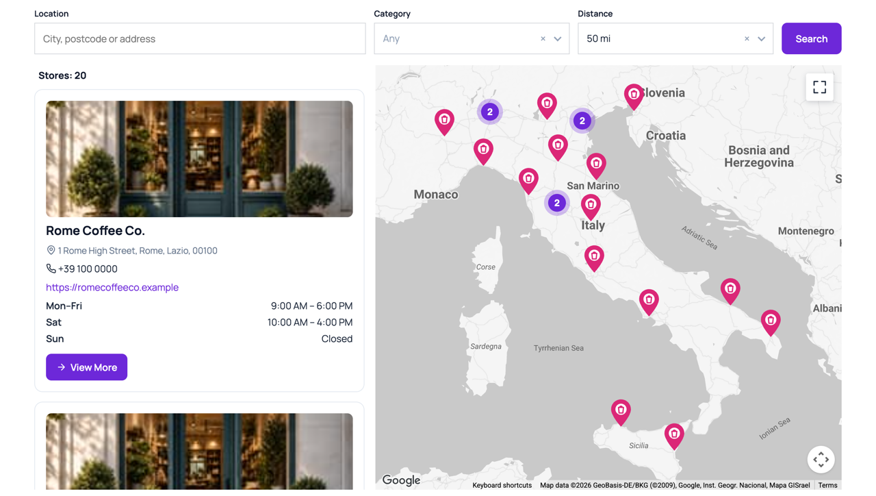 The locator on the front end — search form, result list and a map with clustered markers.