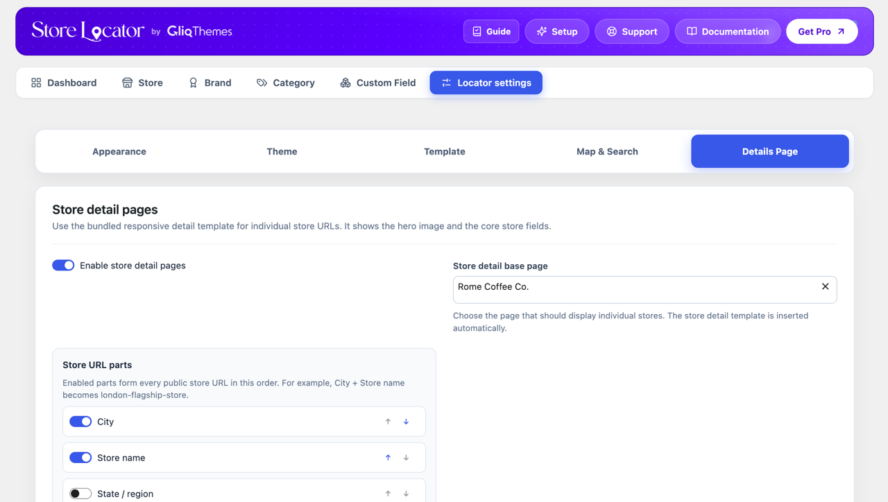 Locator settings, Details Page — enable per-store pages and build their URLs.
