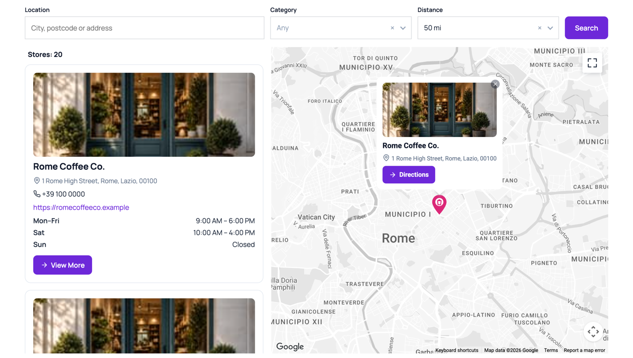 Selecting a store opens its info window on the map, with a directions link.