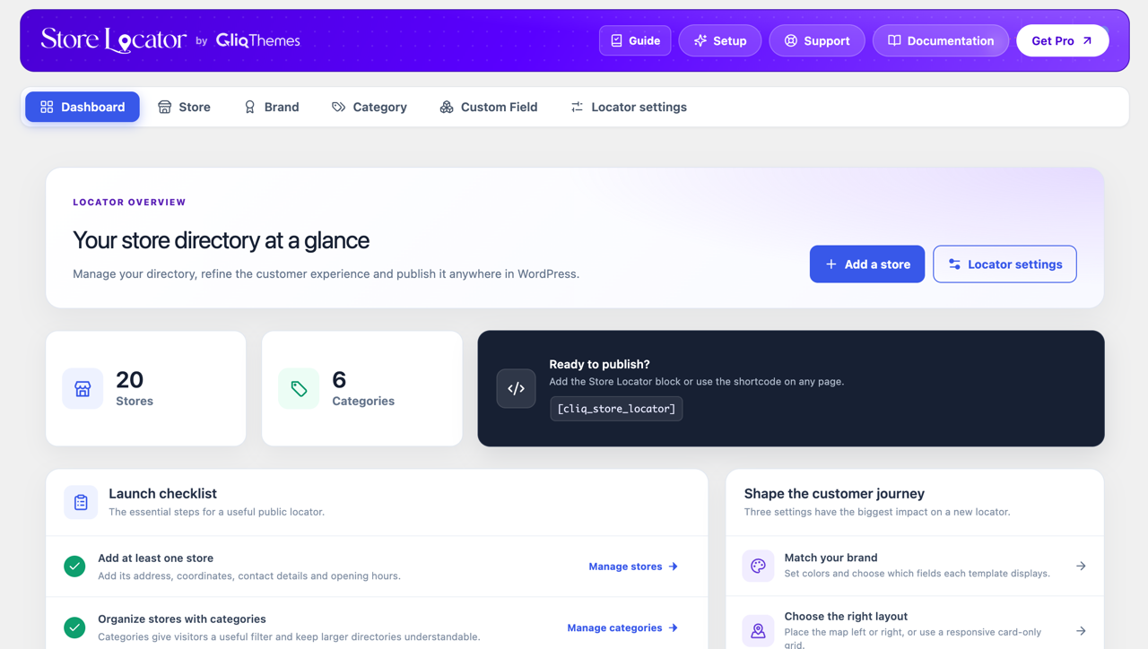 The Store Locator dashboard: directory overview, launch checklist and the shortcode to publish it.