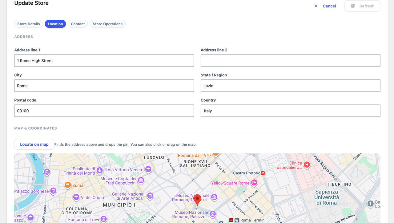 Editing a store — address fields and the map you drop the pin on.