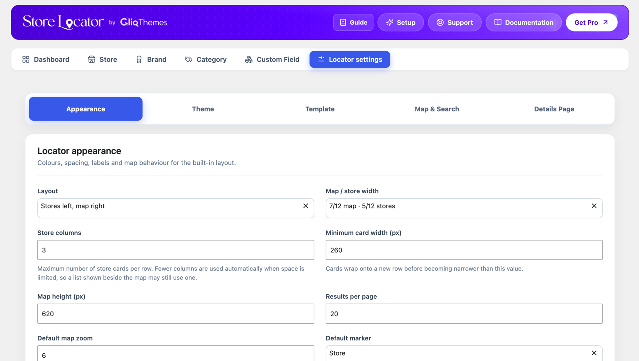 Locator settings, Appearance — layout, map/store width, columns and map height.