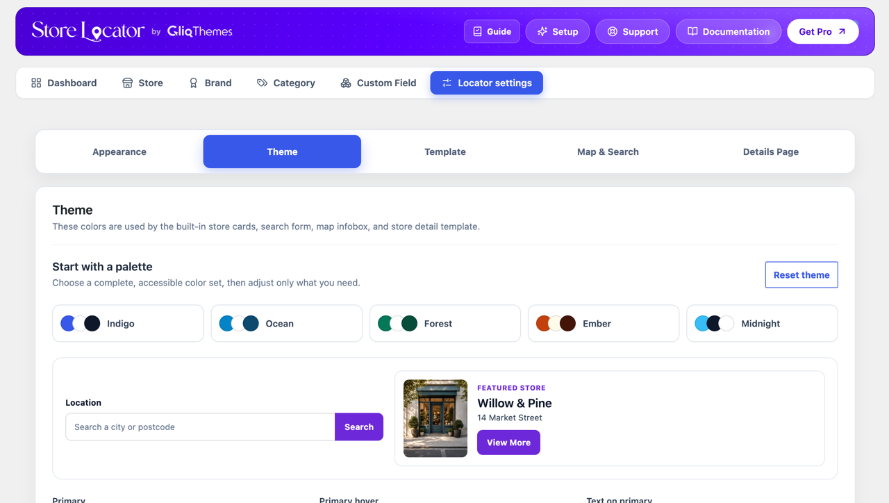 Locator settings, Theme — palettes and colour tokens with a live preview.