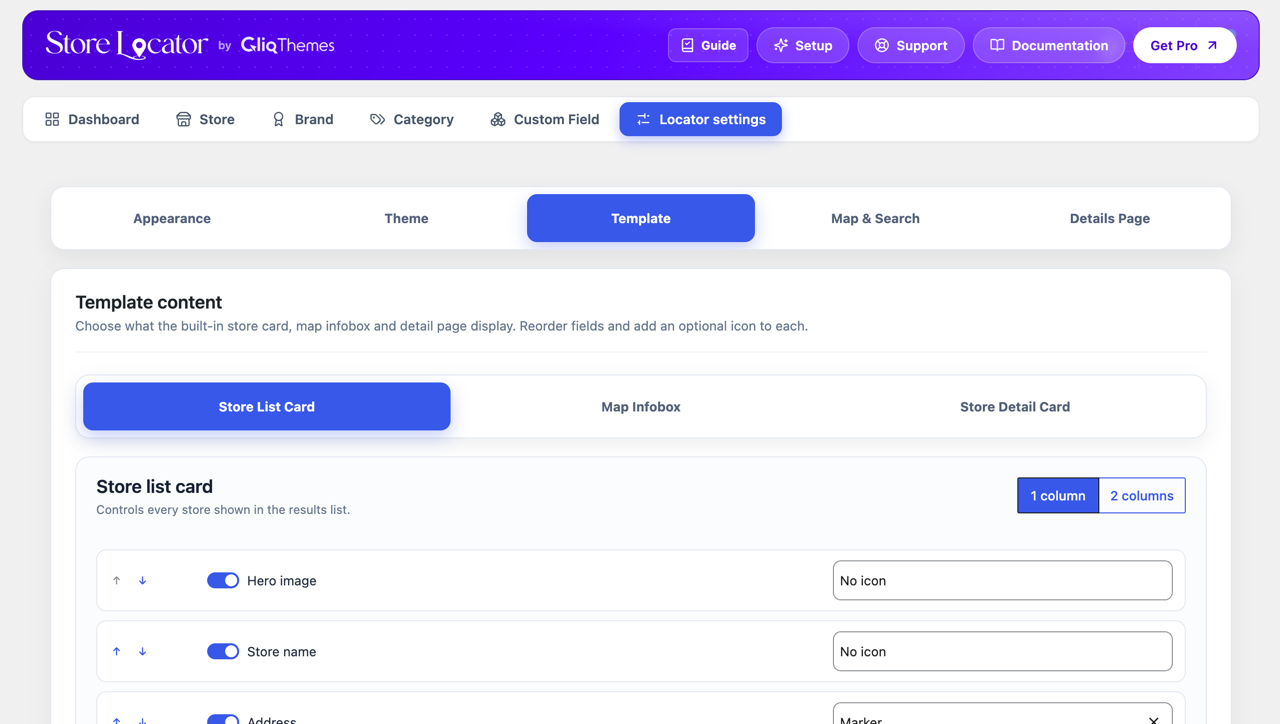 Locator settings, Template — choose and reorder the fields on the store card, map info window and detail page.