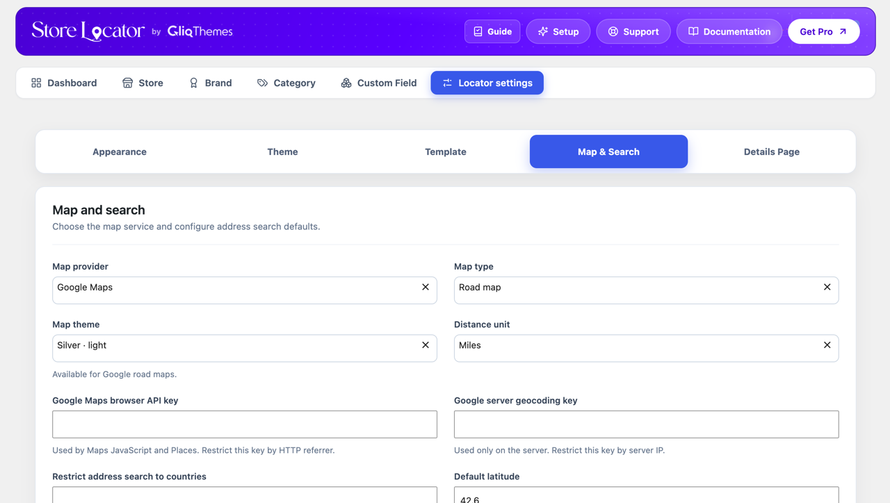 Locator settings, Map & Search — map provider, map theme, distance unit and search defaults.