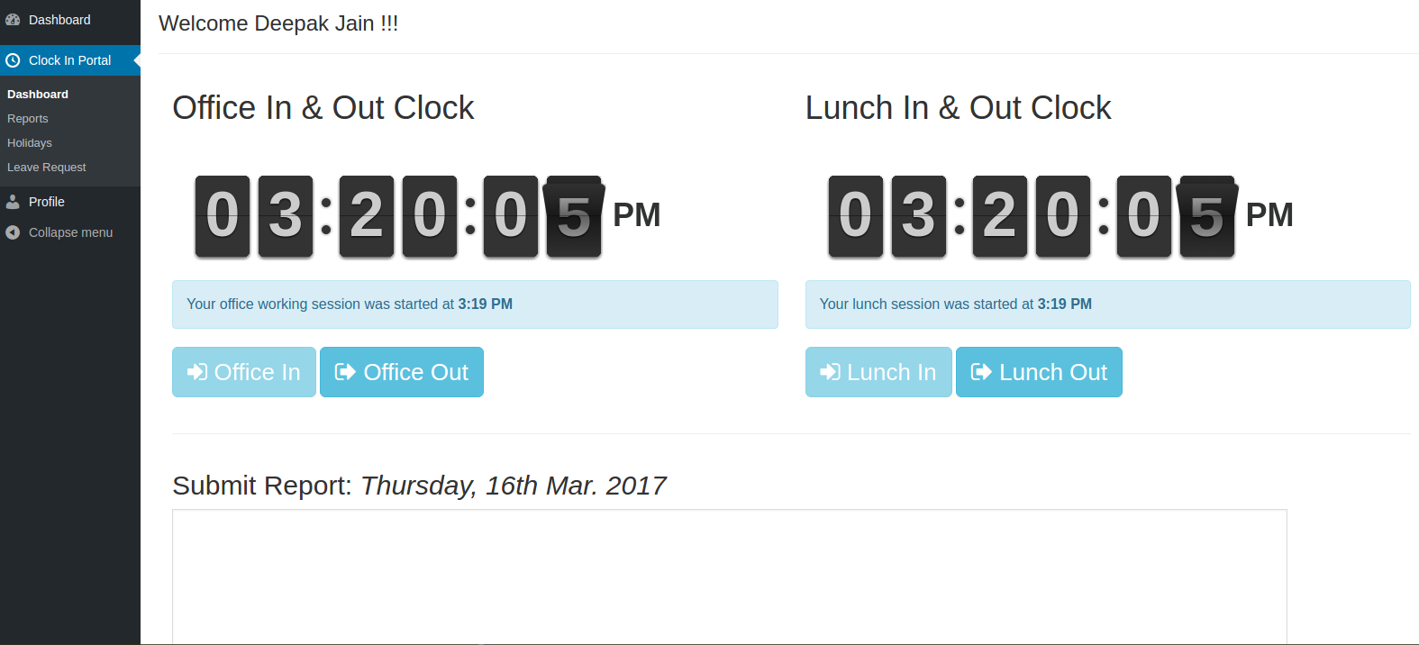 Clock In Portat Dashboard For Staff