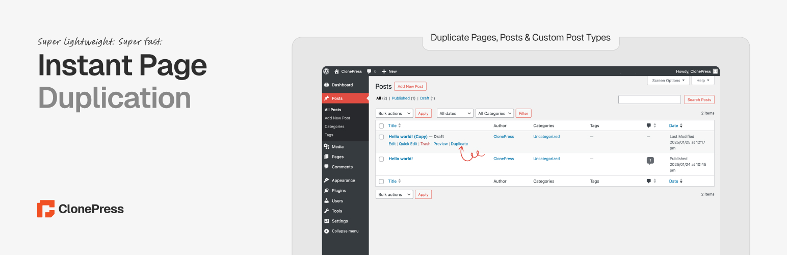 WordPress 外掛 ClonePress – Duplicate Pages, Posts & Custom Post Types 的封面圖片。