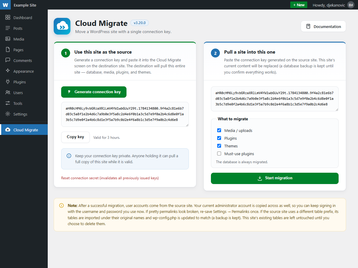 Generate a connection key on the source site, paste it on the destination.