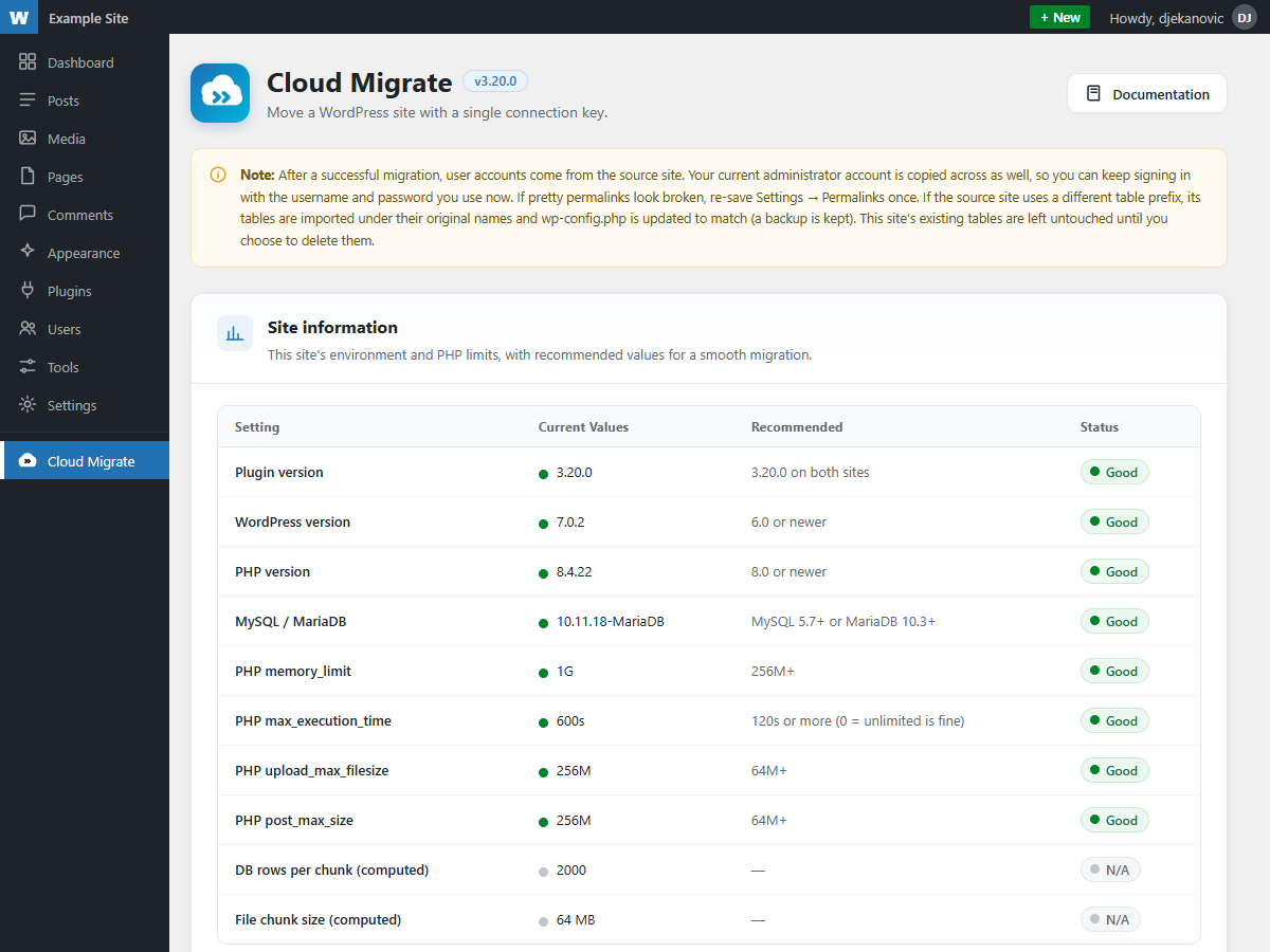 Site information panel showing environment and PHP limits with recommendations.