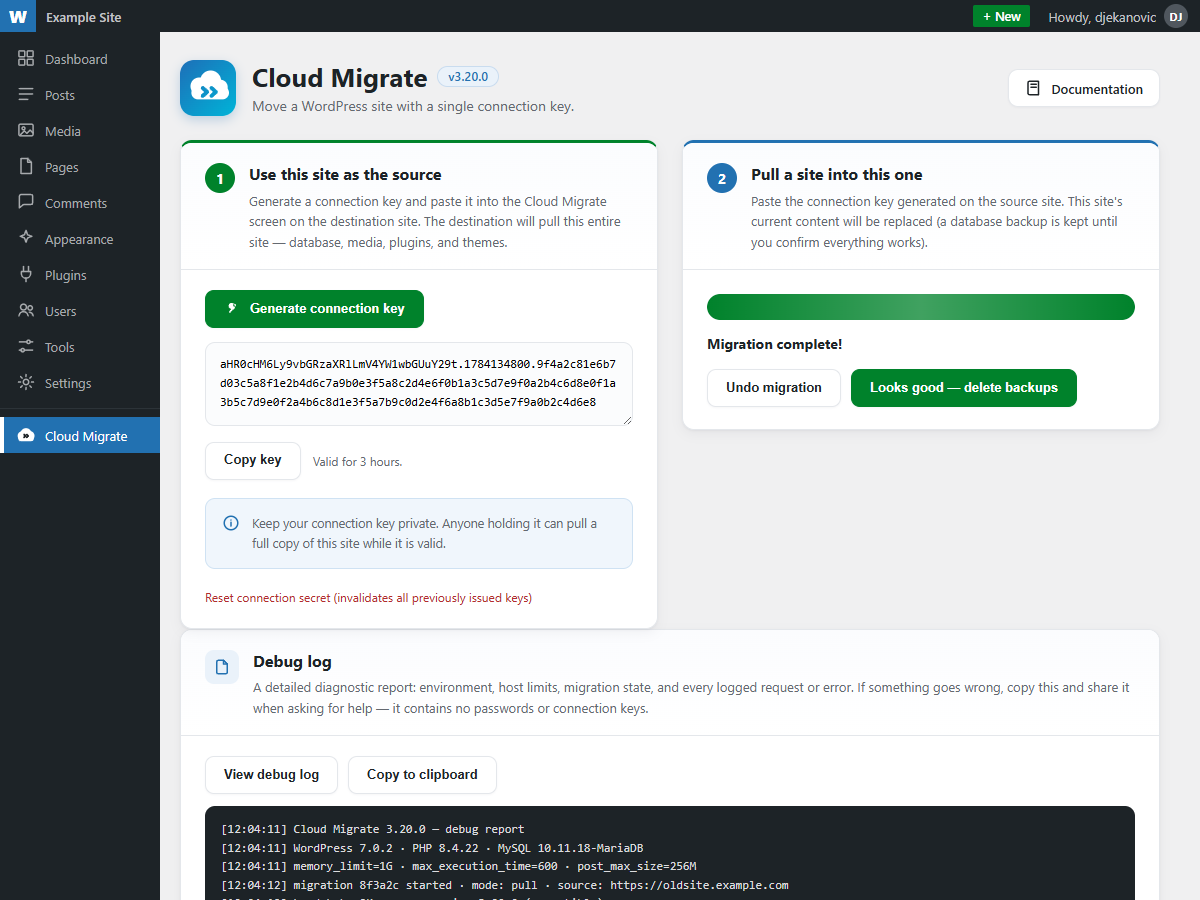 Debug report for diagnosing a problem migration.