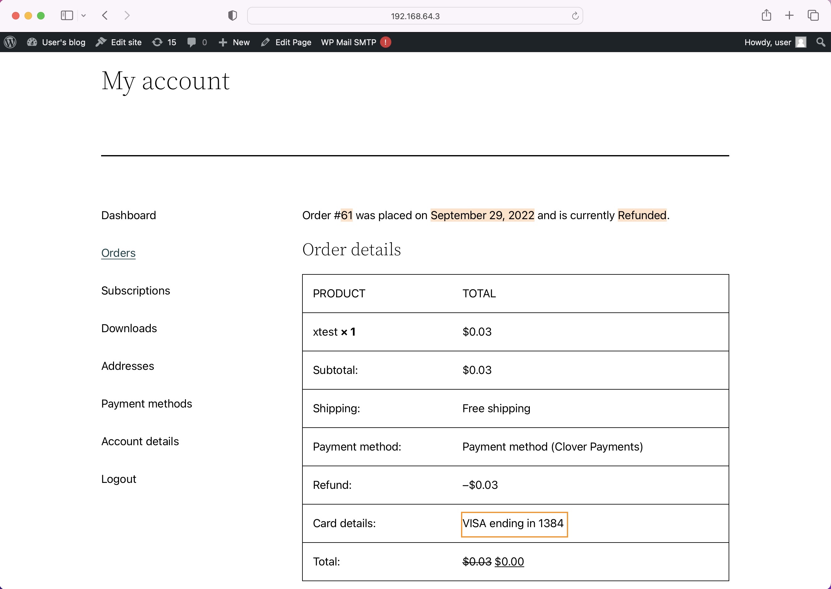 Clover Payment My account Order details - card details