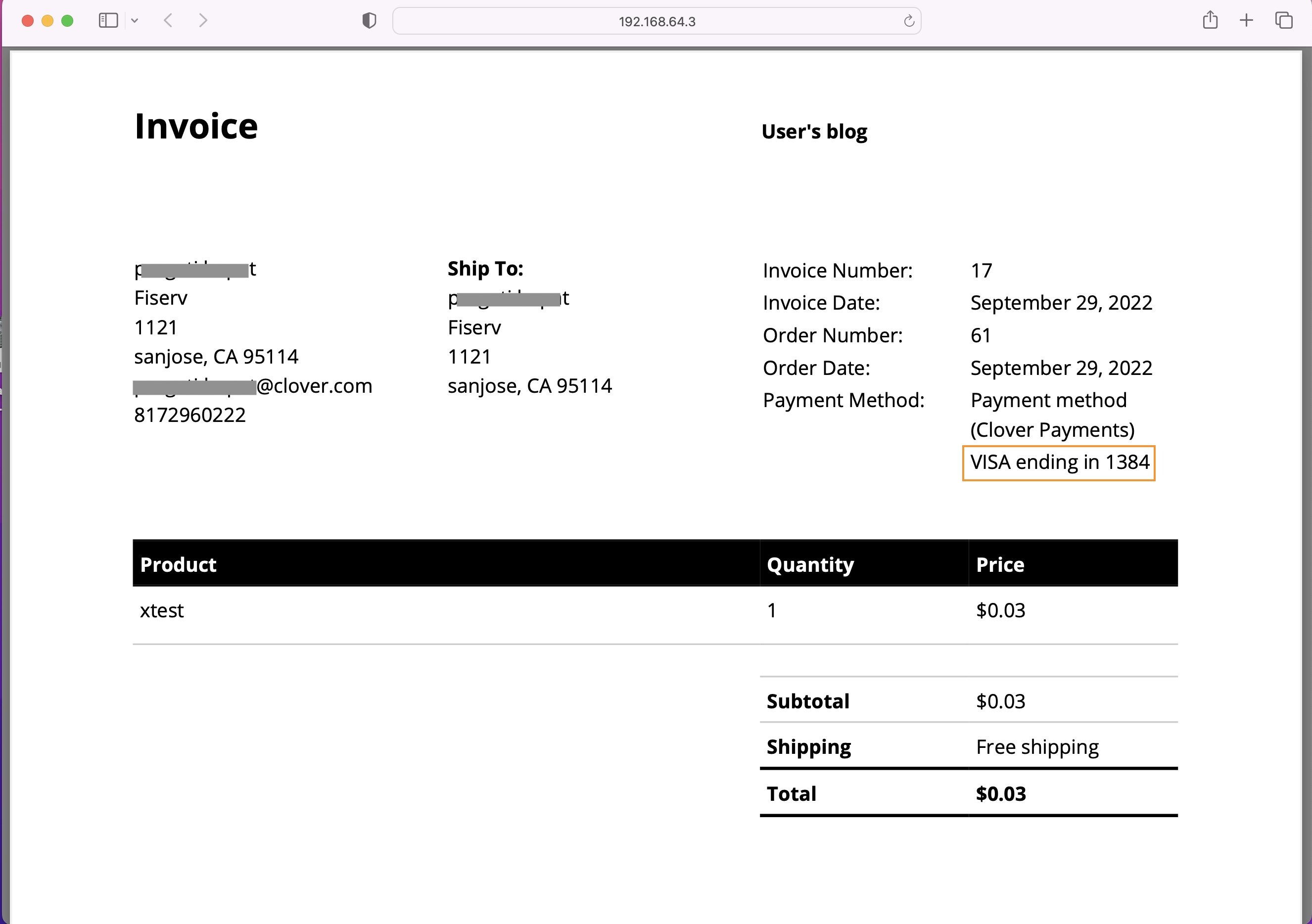 Clover Payment card details on invoice page