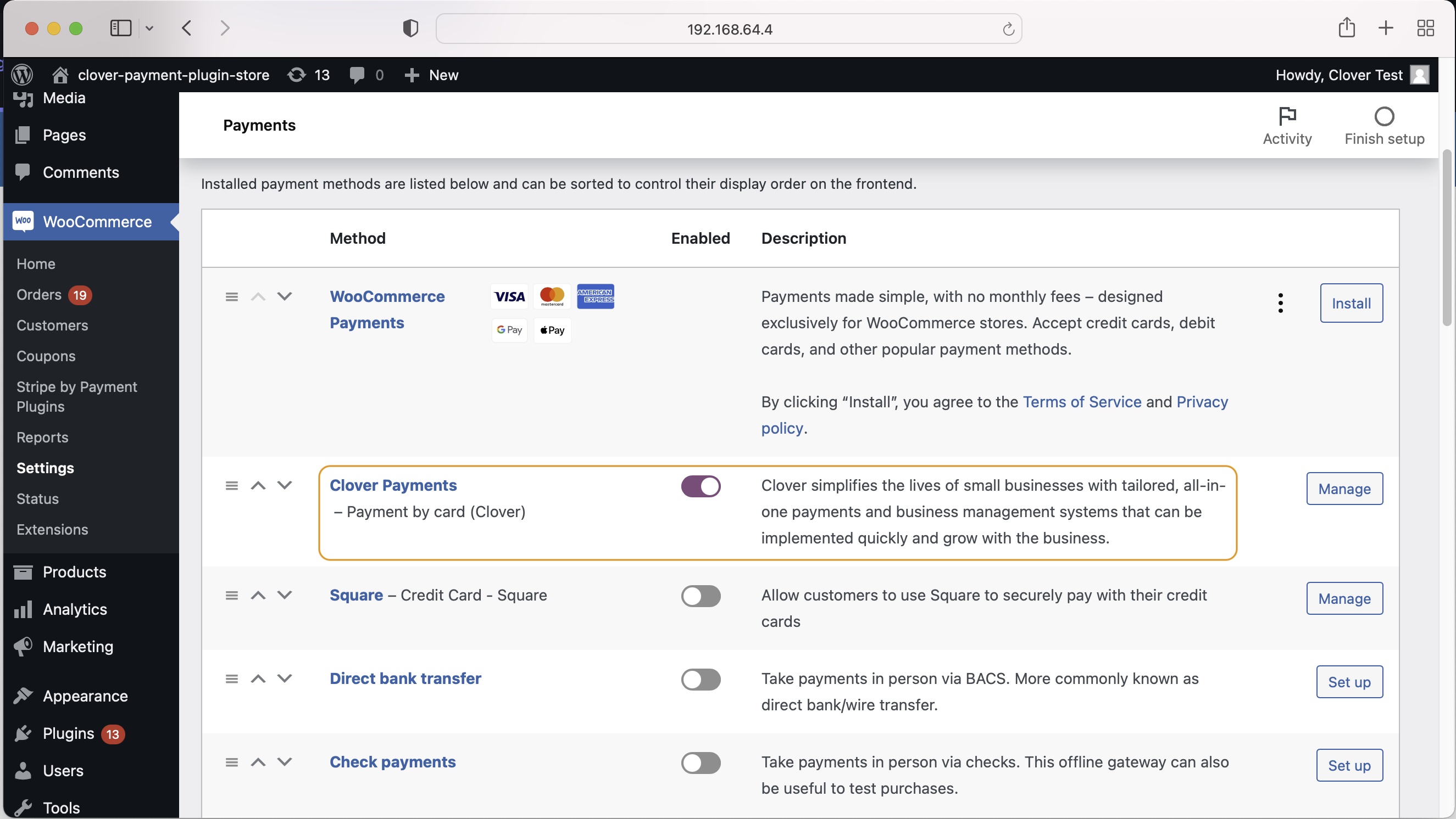 Enable Clover Payments in WooCommerce Settings