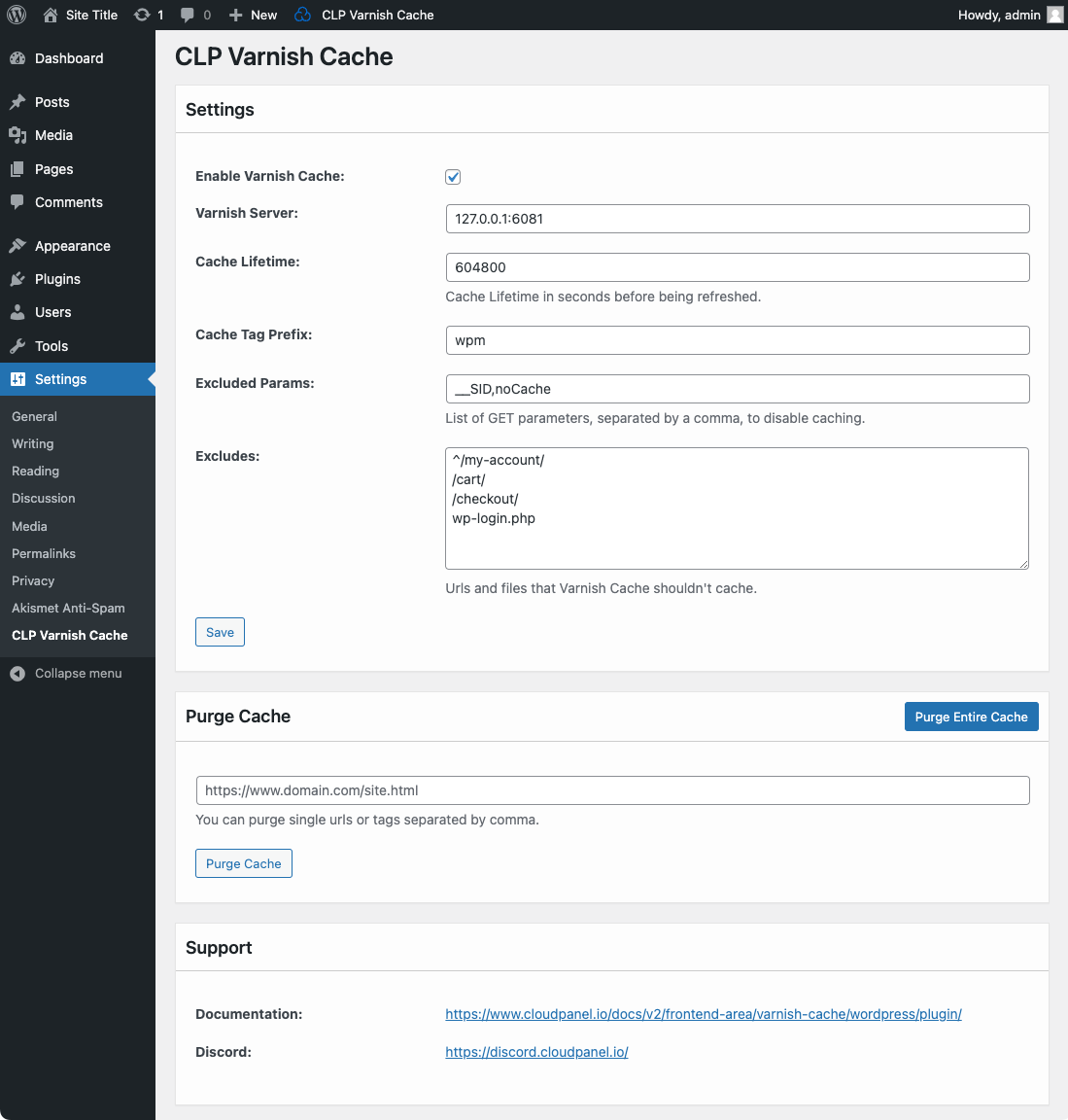 CLP Varnish Cache settings under Settings