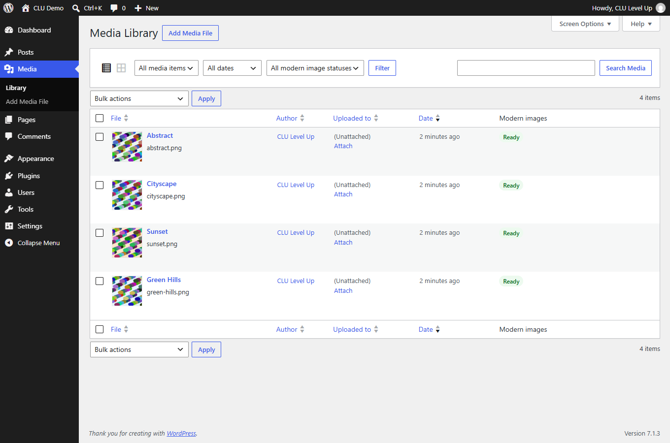 The Media Library shows the processing result for each image.