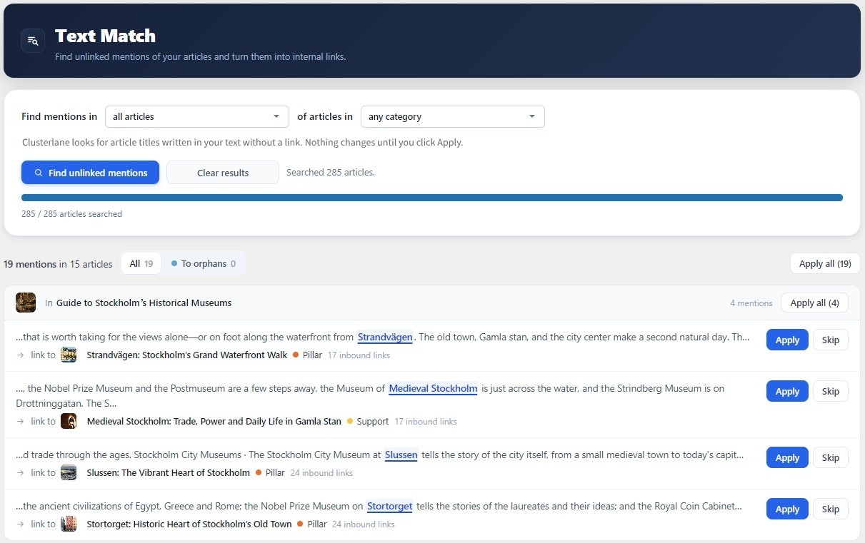Text Match: places where an article already names another article without linking to it — link them with one click.